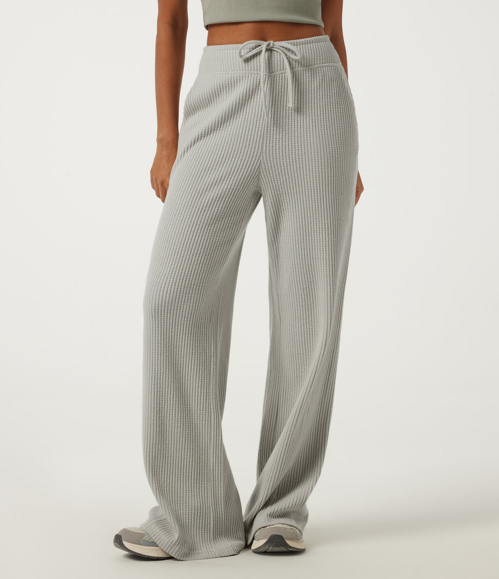 High Waisted Drawstring Flare Waffle Casual Trousers with Pockets — Sage Leaf — view 8