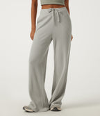 High Waisted Drawstring Flare Waffle Casual Trousers with Pockets — Sage Leaf — view 8