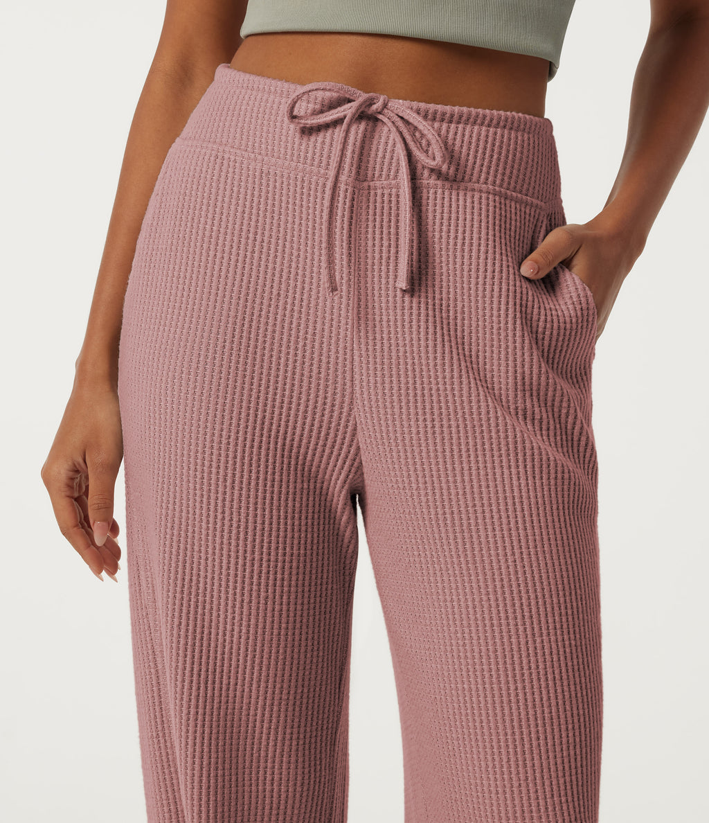 High Waisted Drawstring Flare Waffle Casual Trousers with Pockets — Wild Salmon — view 4