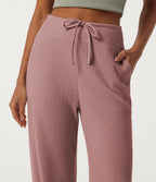 High Waisted Drawstring Flare Waffle Casual Trousers with Pockets — Wild Salmon — view 4