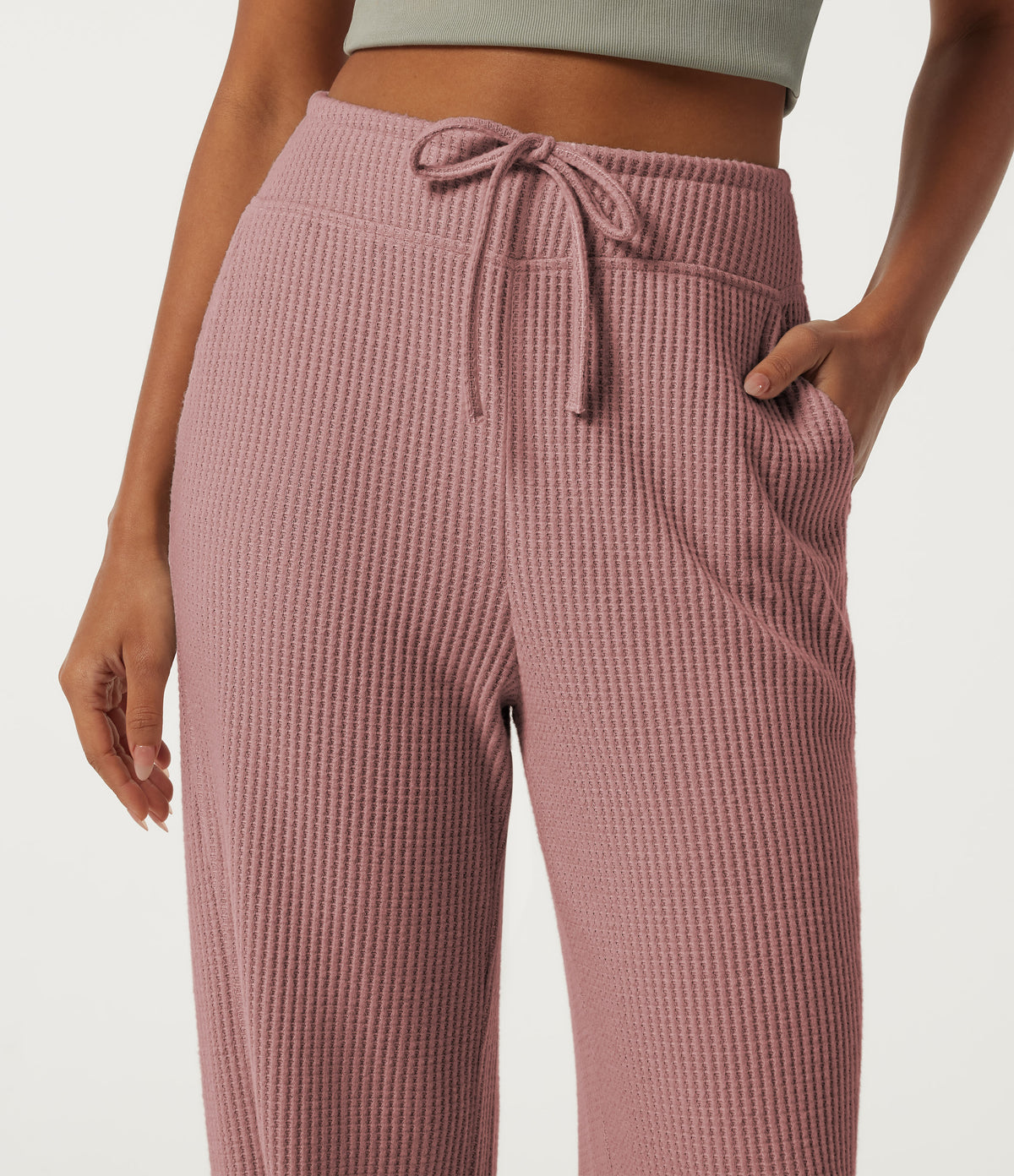 High Waisted Drawstring Flare Waffle Casual Trousers with Pockets — Wild Salmon — view 4