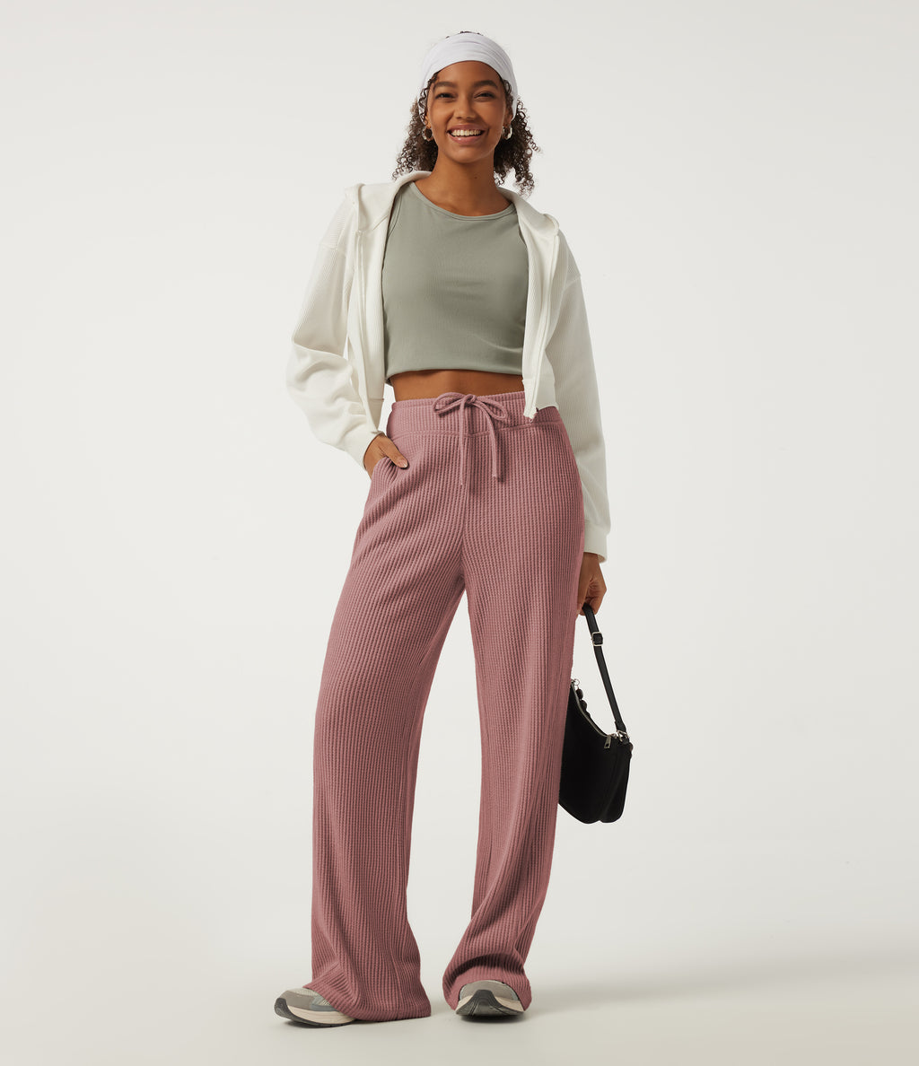 High Waisted Drawstring Flare Waffle Casual Trousers with Pockets — Wild Salmon — view 7