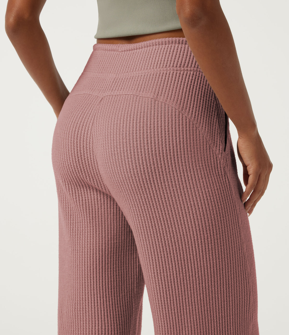 High Waisted Drawstring Flare Waffle Casual Trousers with Pockets — Wild Salmon — view 5
