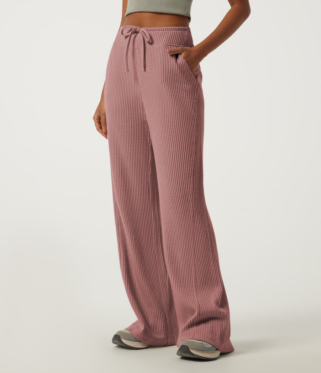 High Waisted Drawstring Flare Waffle Casual Trousers with Pockets — Wild Salmon — view 3