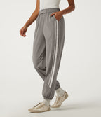 High Waisted Side Stripe Casual Joggers with Pockets — Limestone — view 1