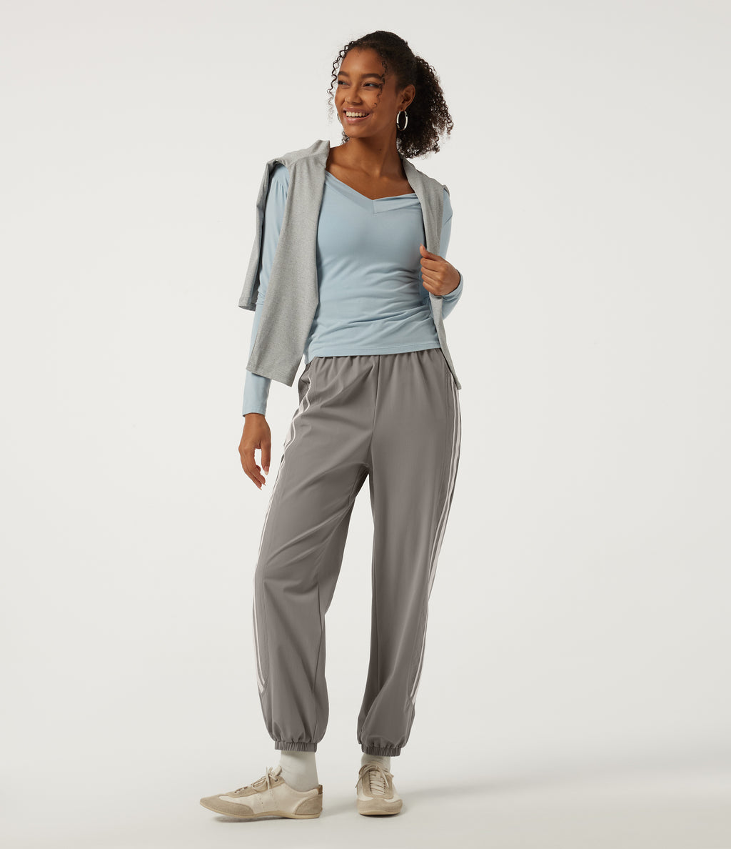 High Waisted Side Stripe Casual Joggers with Pockets — Limestone — view 8