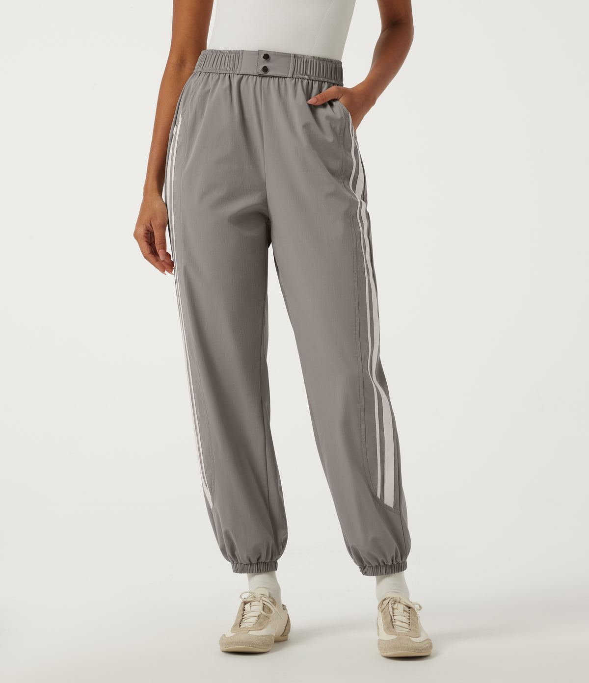 High Waisted Side Stripe Casual Joggers with Pockets — Limestone — view 3