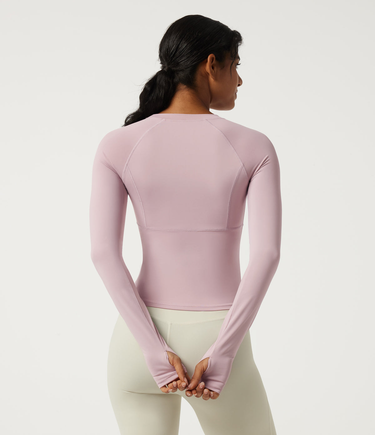 Round Neck Raglan Long Sleeve Yoga Sports Top with Built-in Bra and Thumbholes — Pale Lilac — view 5