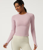 Round Neck Raglan Long Sleeve Yoga Sports Top with Built-in Bra and Thumbholes — Pale Lilac — view 3