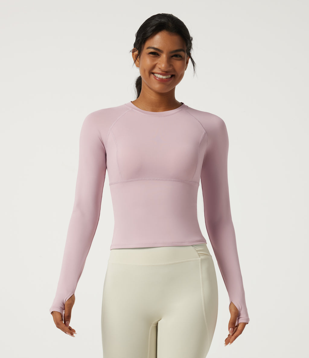 Round Neck Raglan Long Sleeve Yoga Sports Top with Built-in Bra and Thumbholes — Pale Lilac — view 6
