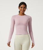 Round Neck Raglan Long Sleeve Yoga Sports Top with Built-in Bra and Thumbholes — Pale Lilac — view 6