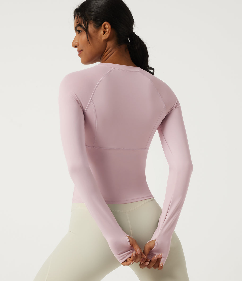 Round Neck Raglan Long Sleeve Yoga Sports Top with Built-in Bra and Thumbholes — Pale Lilac — view 2