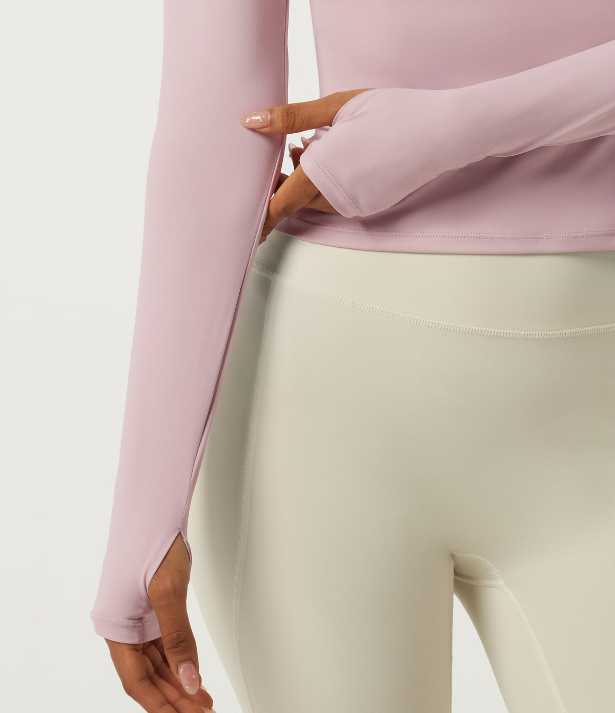 Round Neck Raglan Long Sleeve Yoga Sports Top with Built-in Bra and Thumbholes — Pale Lilac — view 8
