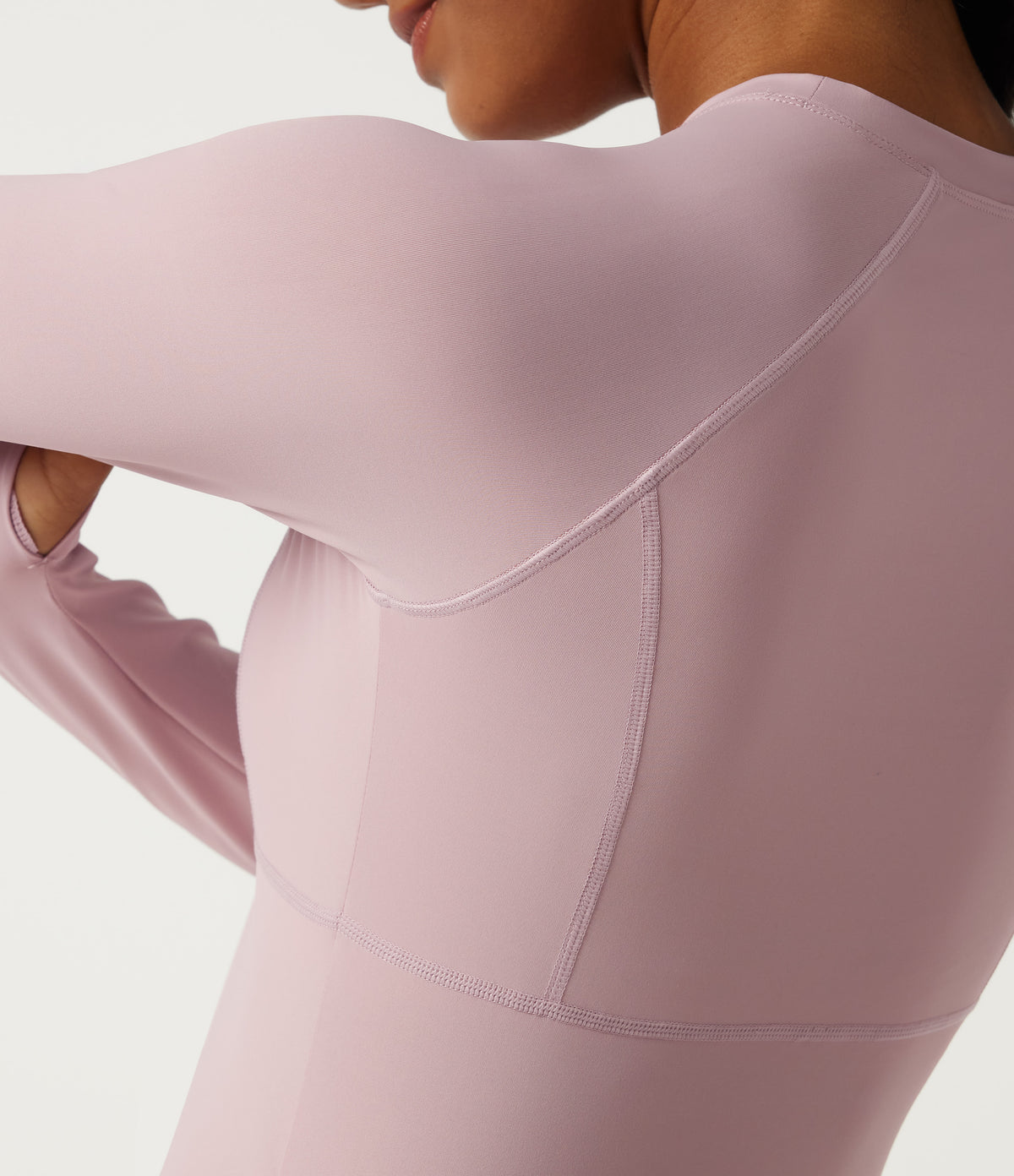 Round Neck Raglan Long Sleeve Yoga Sports Top with Built-in Bra and Thumbholes — Pale Lilac — view 7