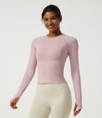 Round Neck Raglan Long Sleeve Yoga Sports Top with Built-in Bra and Thumbholes — Pale Lilac — view 4