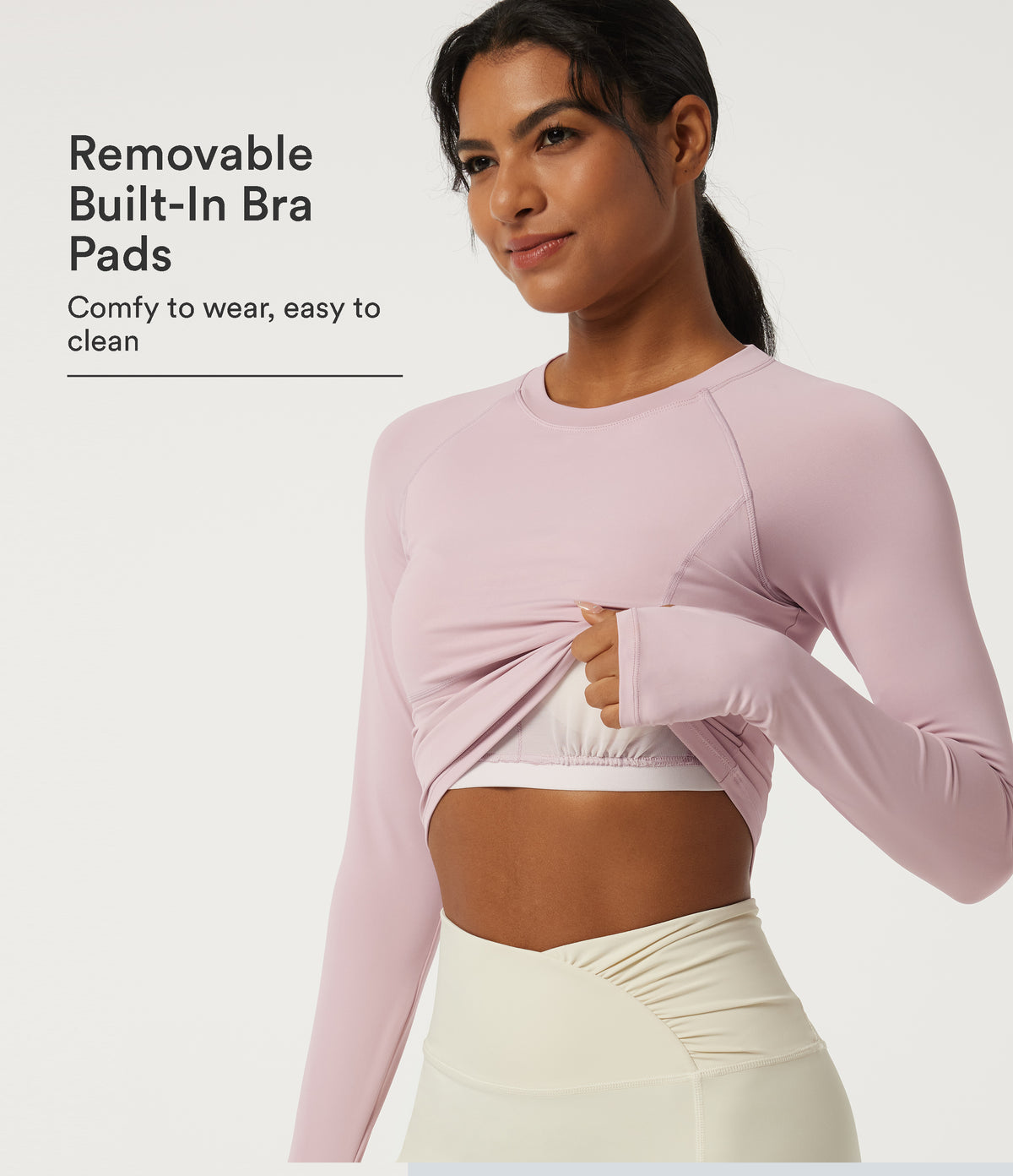 Round Neck Raglan Long Sleeve Yoga Sports Top with Built-in Bra and Thumbholes — Pale Lilac — view 1