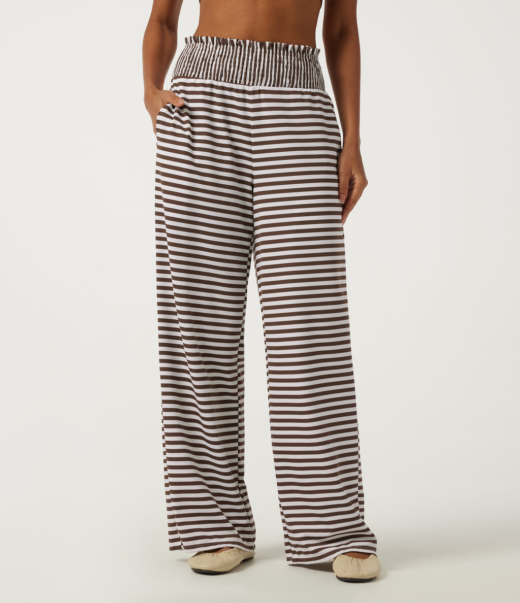 High Waisted Shirred Wide Leg Stripe Waffle Casual Trousers with Pockets — Mocha Cream Stripe — view 3