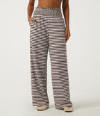 High Waisted Shirred Wide Leg Stripe Waffle Casual Trousers with Pockets — Mocha Cream Stripe — view 3