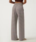 High Waisted Shirred Wide Leg Stripe Waffle Casual Trousers with Pockets — Mocha Cream Stripe — view 2