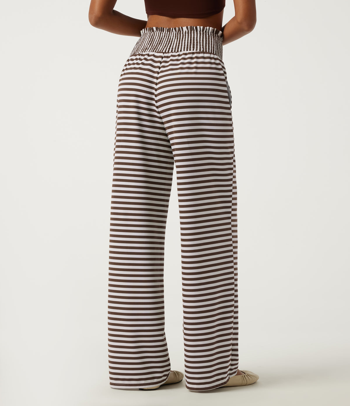 High Waisted Shirred Wide Leg Stripe Waffle Casual Trousers with Pockets — Mocha Cream Stripe — view 2