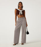High Waisted Shirred Wide Leg Stripe Waffle Casual Trousers with Pockets — Mocha Cream Stripe — view 6