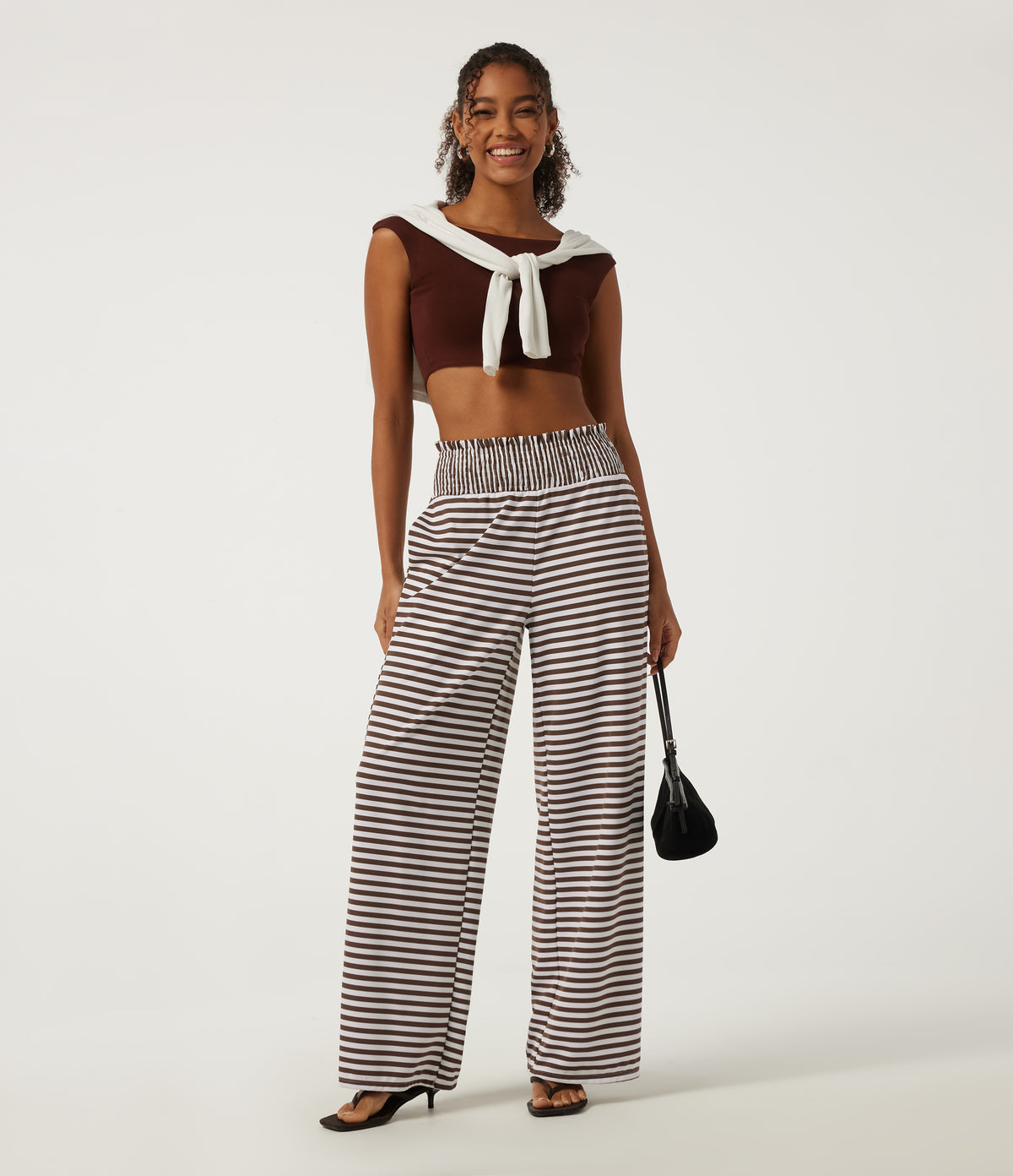 High Waisted Shirred Wide Leg Stripe Waffle Casual Trousers with Pockets — Mocha Cream Stripe — view 6