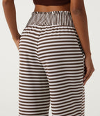High Waisted Shirred Wide Leg Stripe Waffle Casual Trousers with Pockets — Mocha Cream Stripe — view 4