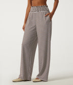 High Waisted Shirred Wide Leg Stripe Waffle Casual Trousers with Pockets — Mocha Cream Stripe — view 1