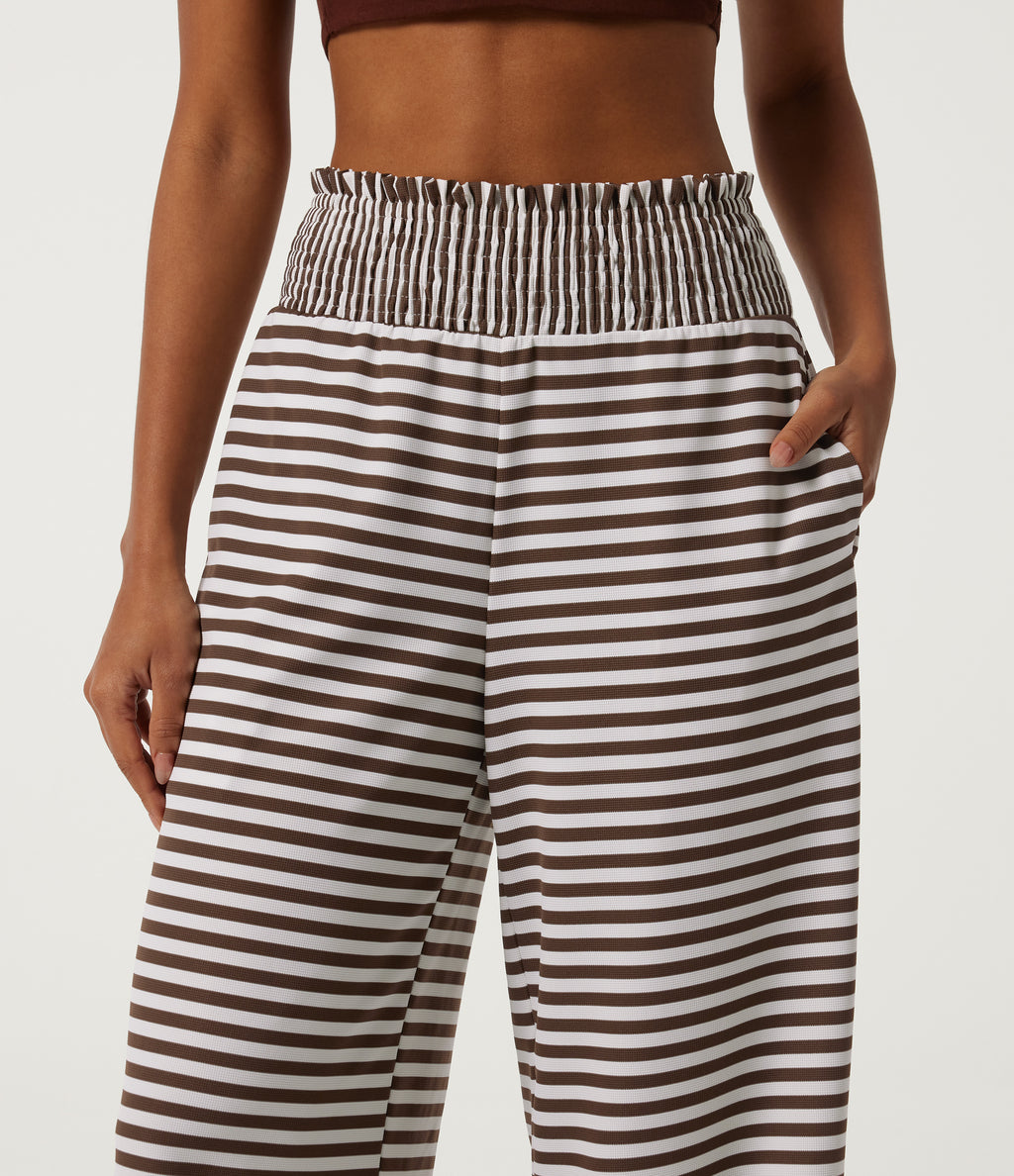 High Waisted Shirred Wide Leg Stripe Waffle Casual Trousers with Pockets — Mocha Cream Stripe — view 5