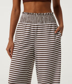 High Waisted Shirred Wide Leg Stripe Waffle Casual Trousers with Pockets — Mocha Cream Stripe — view 5