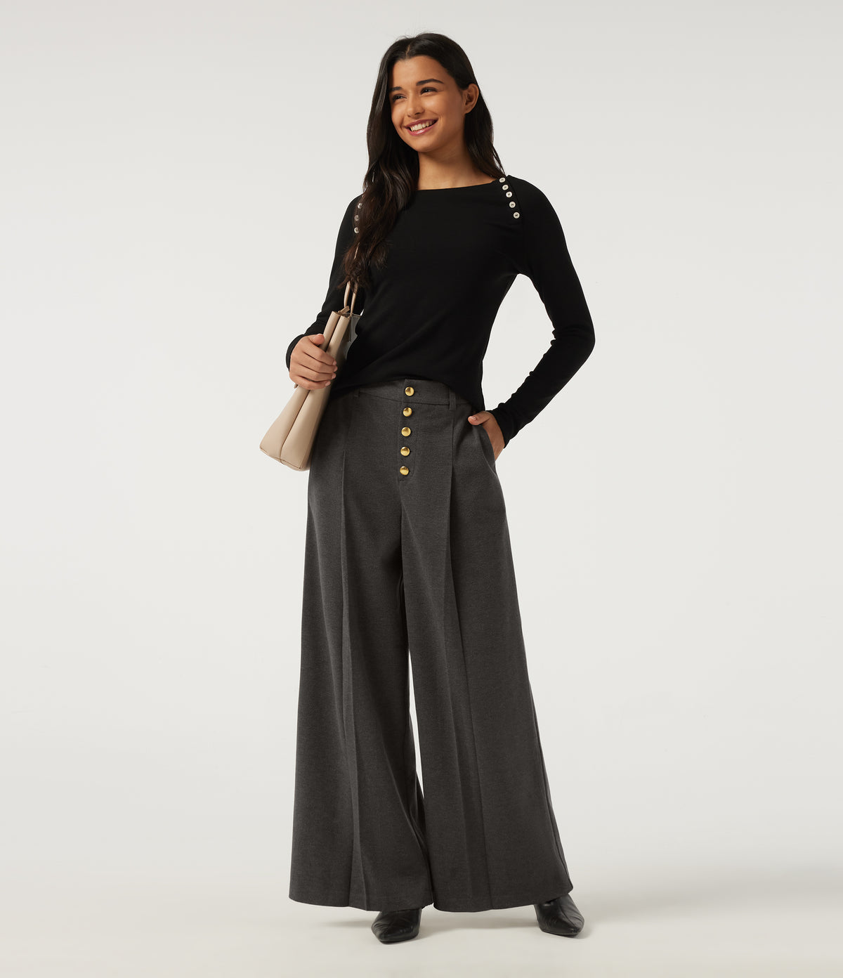 High Waisted Baggy Work Trousers with Pockets — Smoked Stone — view 6