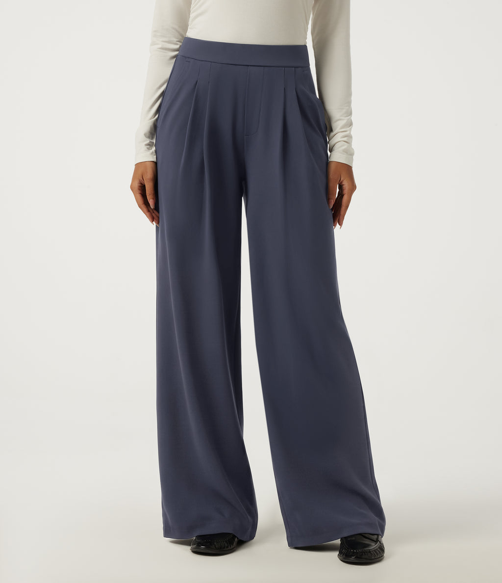 High Waisted Wide Leg Yoga Trousers with Pockets — Always in a Mood - Dark Blue — view 3