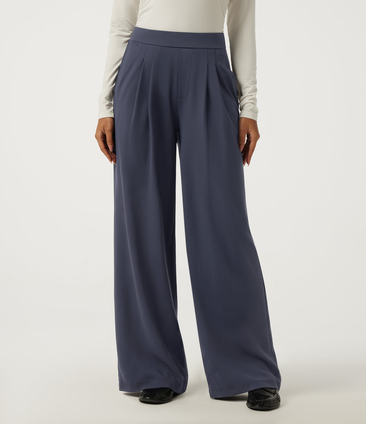 High Waisted Wide Leg Yoga Trousers with Pockets — Always in a Mood - Dark Blue — view 3