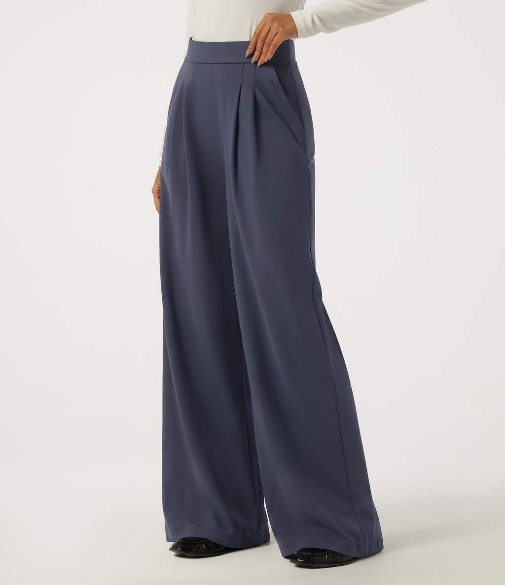 High Waisted Wide Leg Yoga Trousers with Pockets — Always in a Mood - Dark Blue — view 1