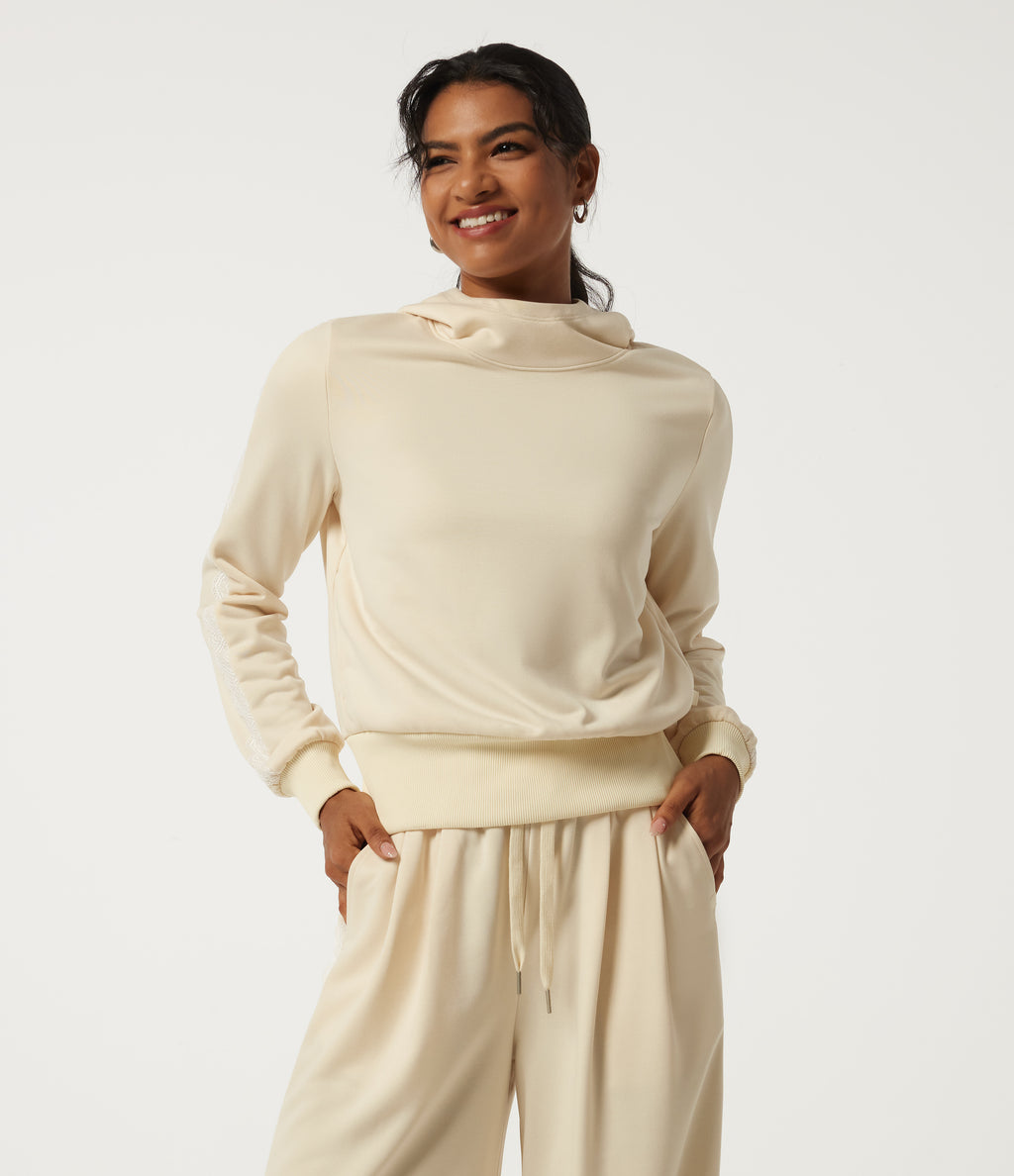 Hooded Long Sleeve Contrast Lace Casual Sweatshirt with Pockets — Antique White — view 3