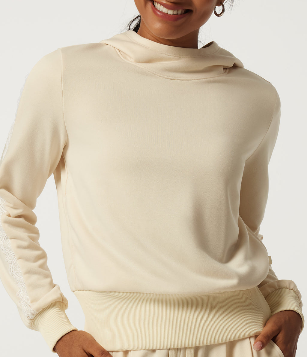 Hooded Long Sleeve Contrast Lace Casual Sweatshirt with Pockets — Antique White — view 6