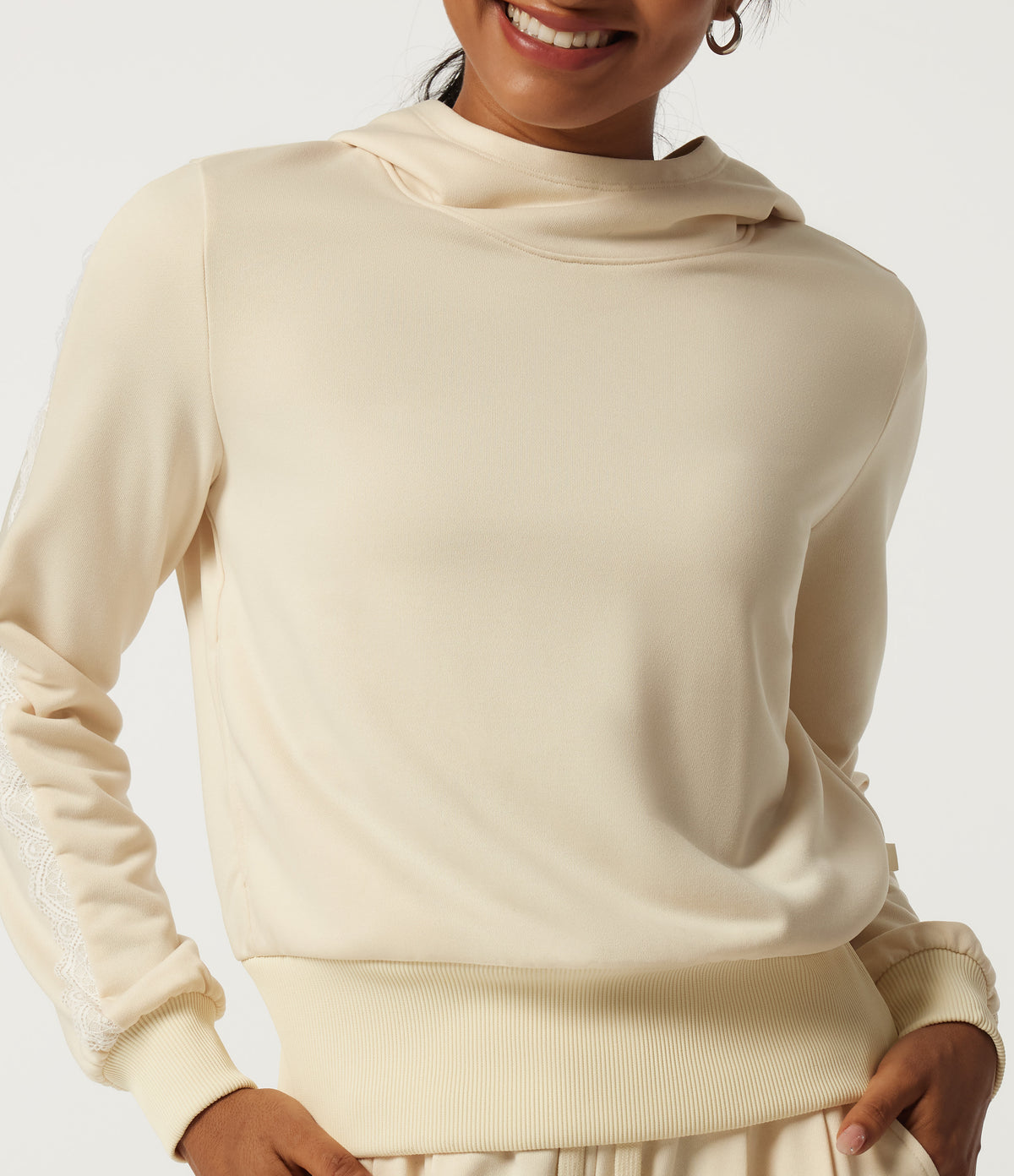 Hooded Long Sleeve Contrast Lace Casual Sweatshirt with Pockets — Antique White — view 6