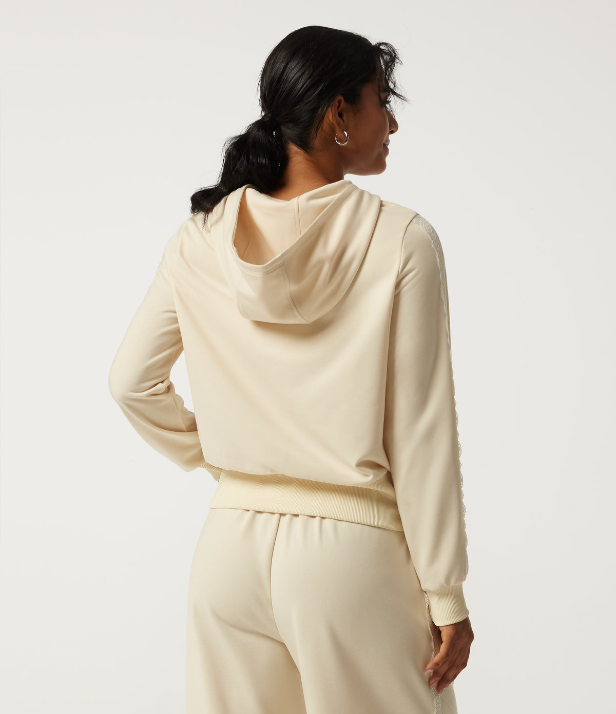 Hooded Long Sleeve Contrast Lace Casual Sweatshirt with Pockets — Antique White — view 2
