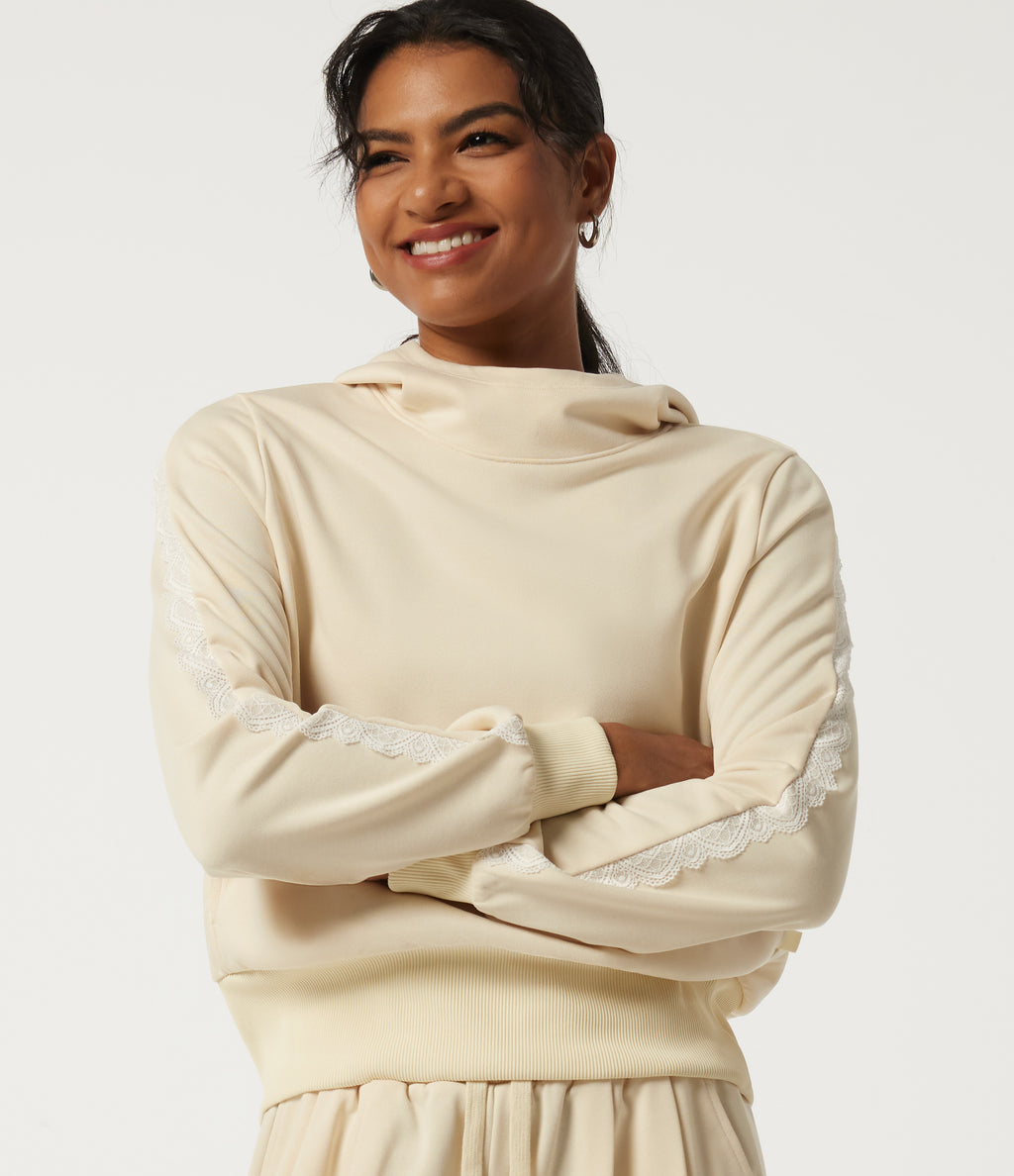 Hooded Long Sleeve Contrast Lace Casual Sweatshirt with Pockets — Antique White — view 5