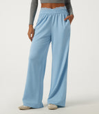 Mid Rise Straight Leg Contrast Lace Casual Sweatpants with Pockets — Airy Blue — view 3
