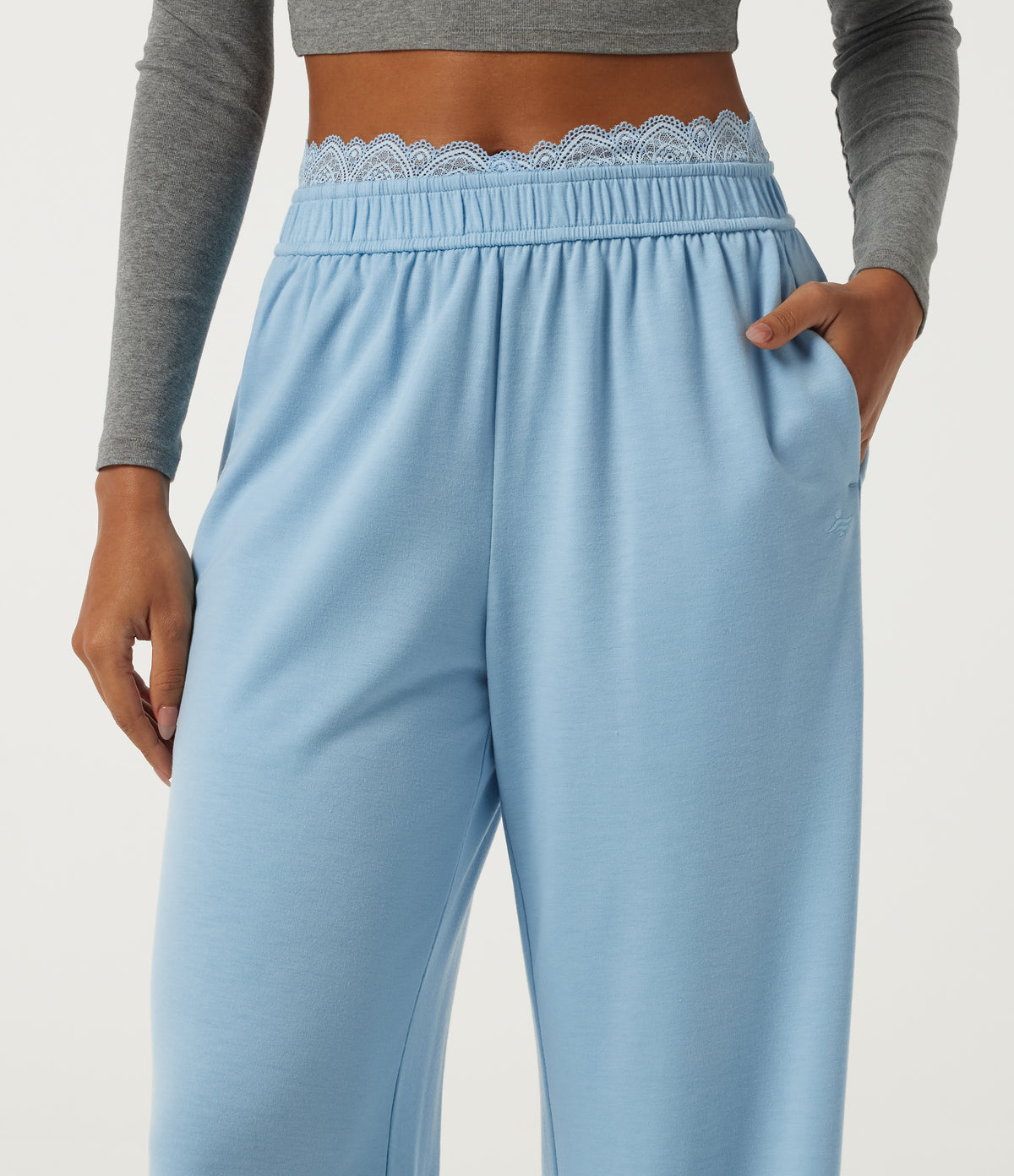 Mid Rise Straight Leg Contrast Lace Casual Sweatpants with Pockets — Airy Blue — view 5