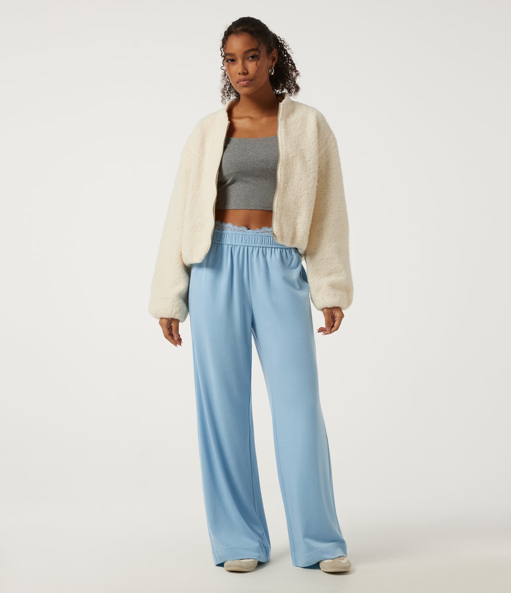 Mid Rise Straight Leg Contrast Lace Casual Sweatpants with Pockets — Airy Blue — view 6