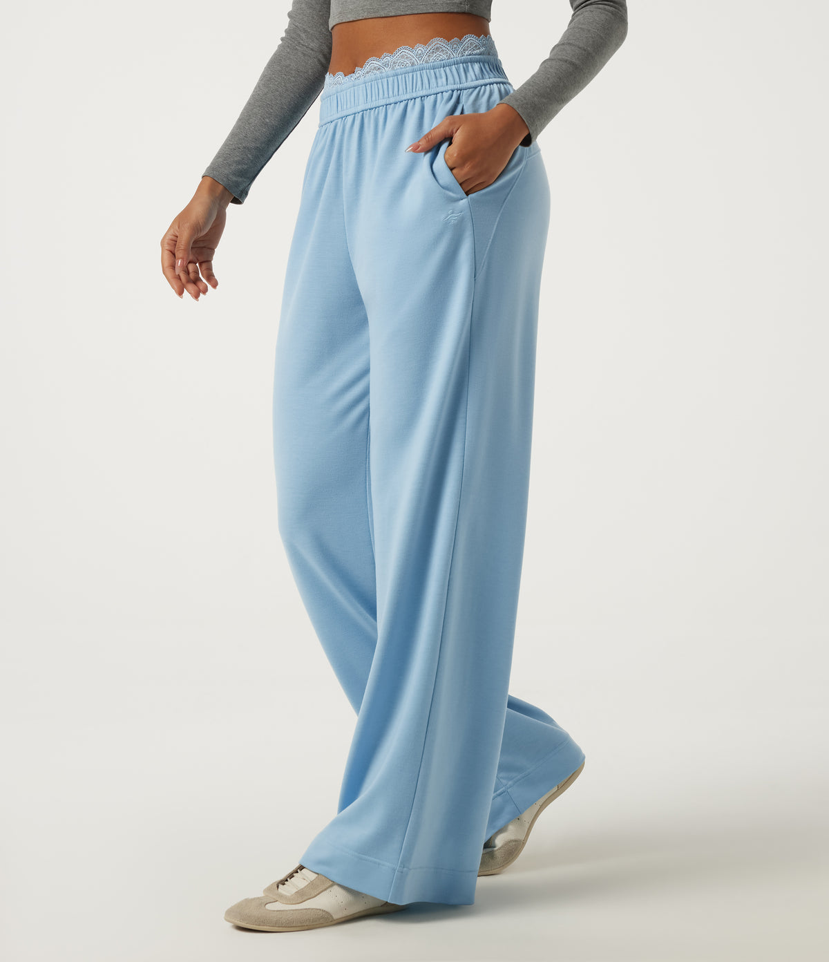 Mid Rise Straight Leg Contrast Lace Casual Sweatpants with Pockets — Airy Blue — view 1