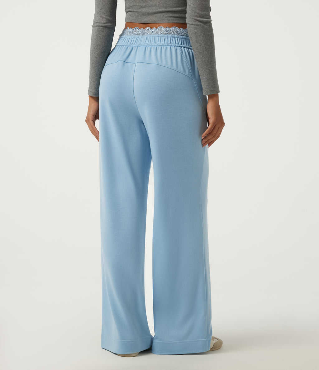 Mid Rise Straight Leg Contrast Lace Casual Sweatpants with Pockets — Airy Blue — view 2
