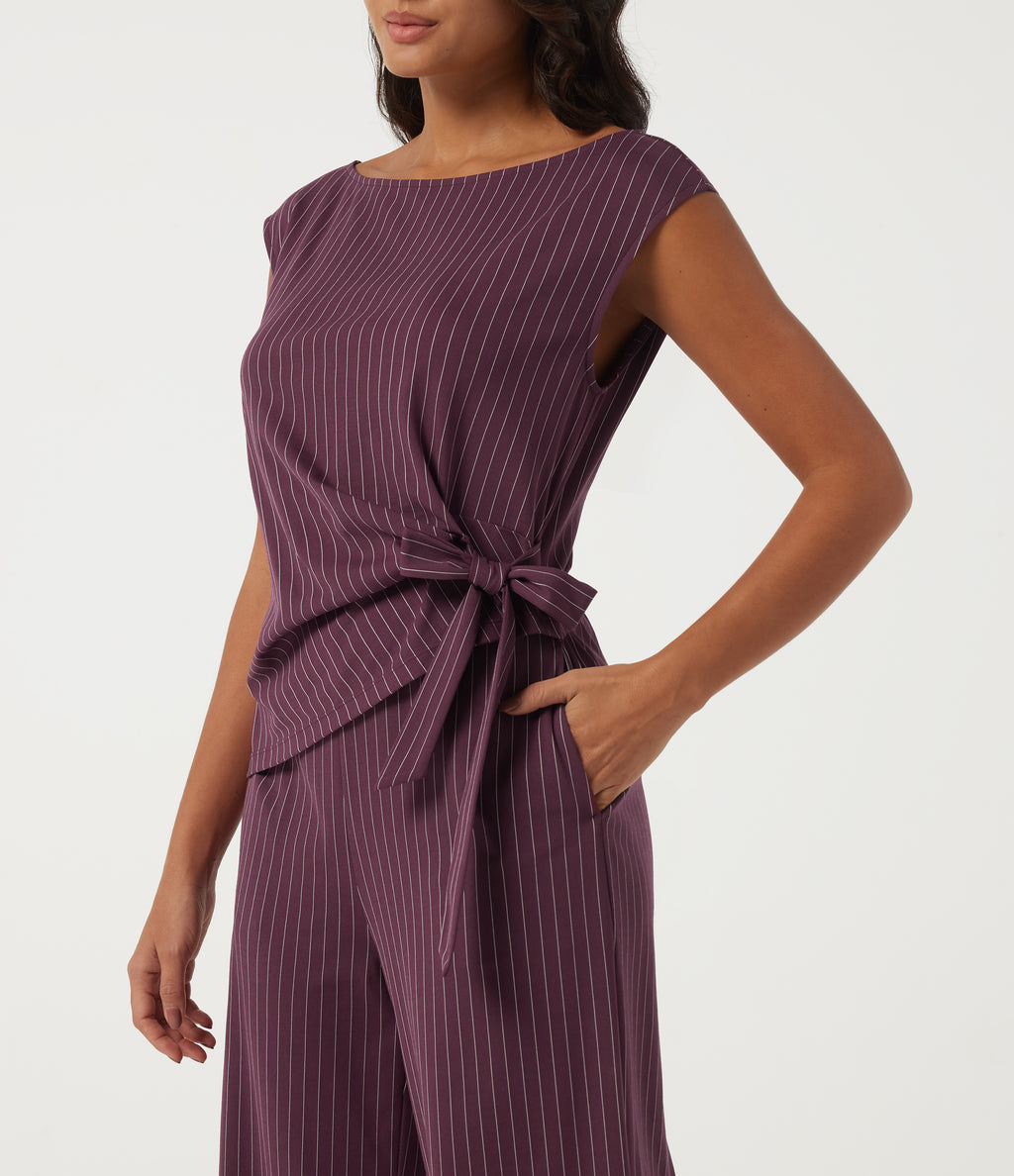 Boat Neck Stripe Sleeveless Wide Leg Tie Work Jumpsuit with Pockets -Edition — Plum Stripe — view 6