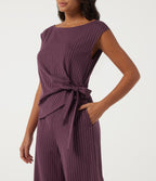 Boat Neck Stripe Sleeveless Wide Leg Tie Work Jumpsuit with Pockets -Edition — Plum Stripe — view 6