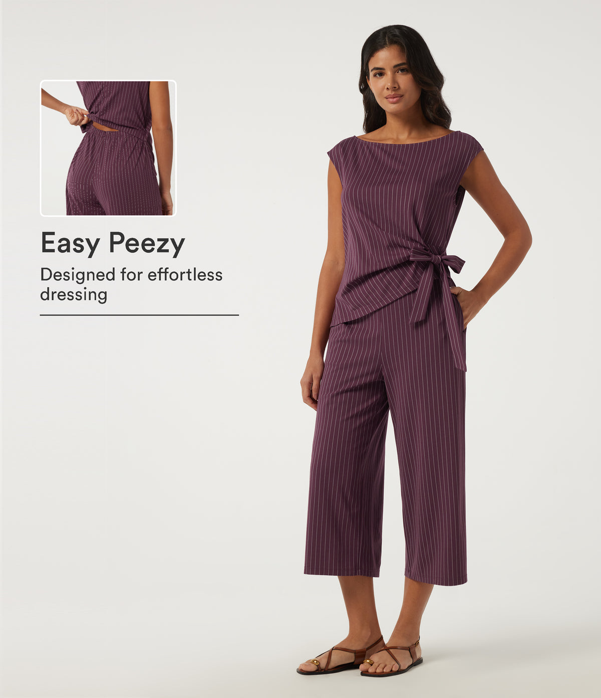 Boat Neck Stripe Sleeveless Wide Leg Tie Work Jumpsuit with Pockets -Edition — Plum Stripe — view 1
