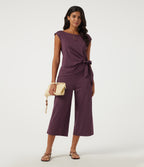 Boat Neck Stripe Sleeveless Wide Leg Tie Work Jumpsuit with Pockets -Edition — Plum Stripe — view 7