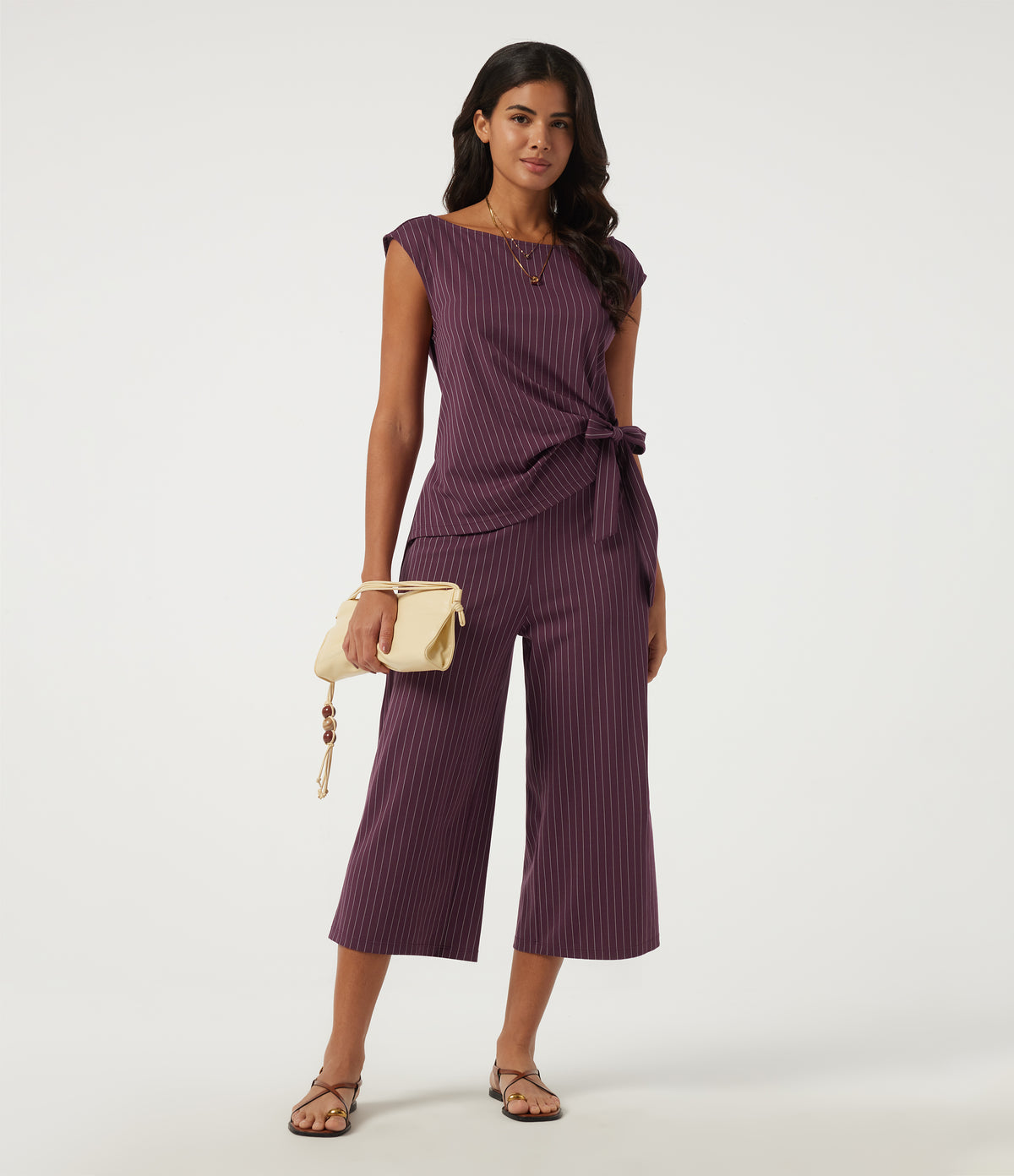 Boat Neck Stripe Sleeveless Wide Leg Tie Work Jumpsuit with Pockets -Edition — Plum Stripe — view 7