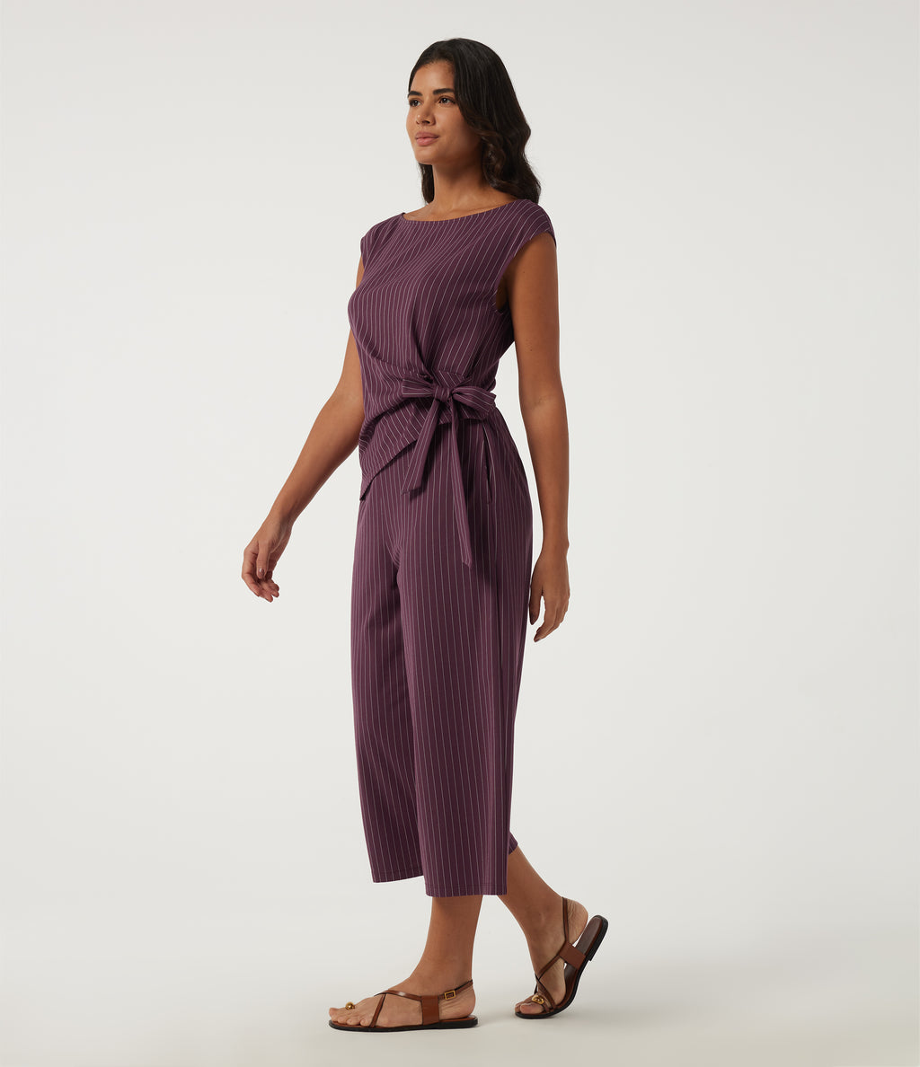 Boat Neck Stripe Sleeveless Wide Leg Tie Work Jumpsuit with Pockets -Edition — Plum Stripe — view 3